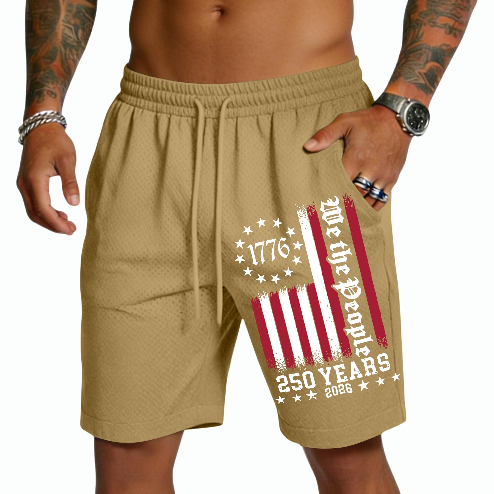 

Men’s Casual Drawstring Shorts Lightweight Quick Dry Five Inch Shorts with 250 Years We the 1776 Print for Outdoor Activities L хаки