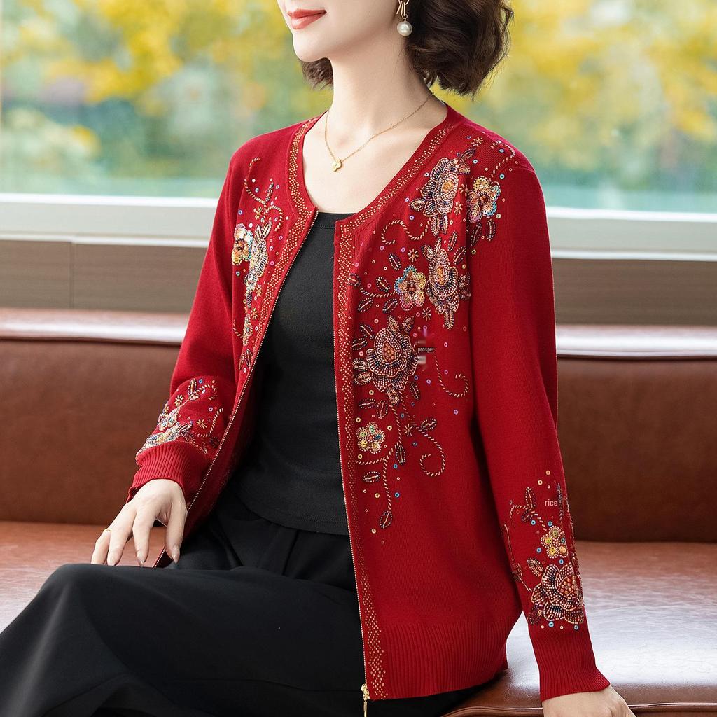 Cardigan Pesante Autunno/Inverno da Donna con Ricamo di Fiori Farfalla & Perline a Mano