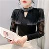 New Spring Autumn European Women Fashion Shiny Hot Diamonds Bling Mesh T-Shirt Chic Sexy Lace Long Sleeve Black Tops Streetwear Girl Tees