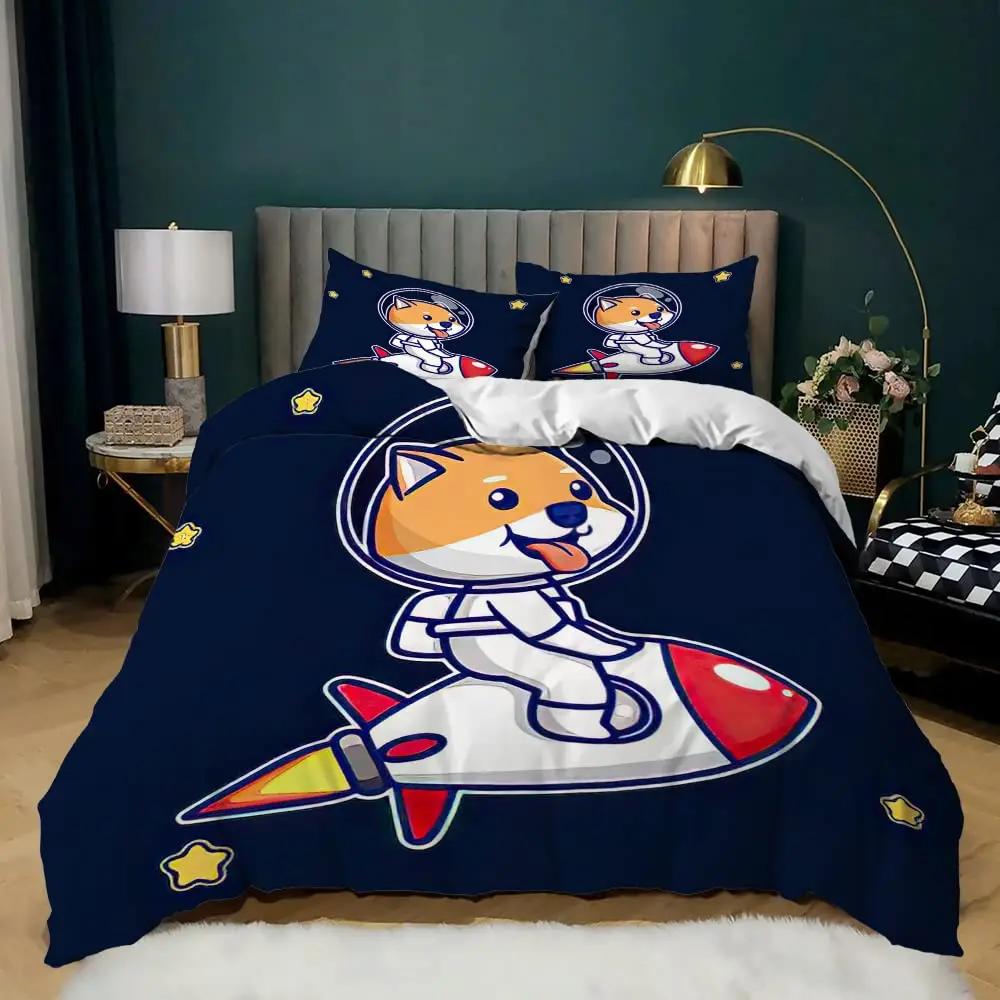 Art Duvet Cover Dimgray Science Fiction Space Themed Minimalist Illustration with Stars Planets and Rocket for Room Decorative