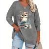 Plus Size Women's Fashion Reading Owl Print Casual Long-Sleeved V-Neck T-Shirt
