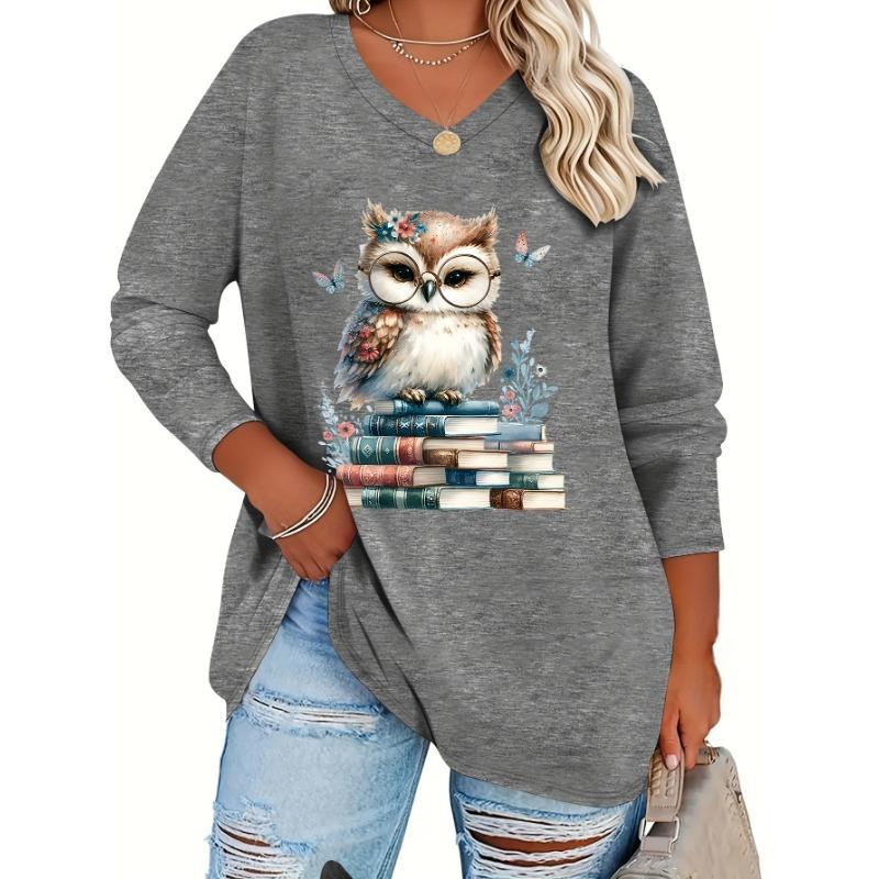 Plus Size Women's Fashion Reading Owl Print Casual Long-Sleeved V-Neck T-Shirt