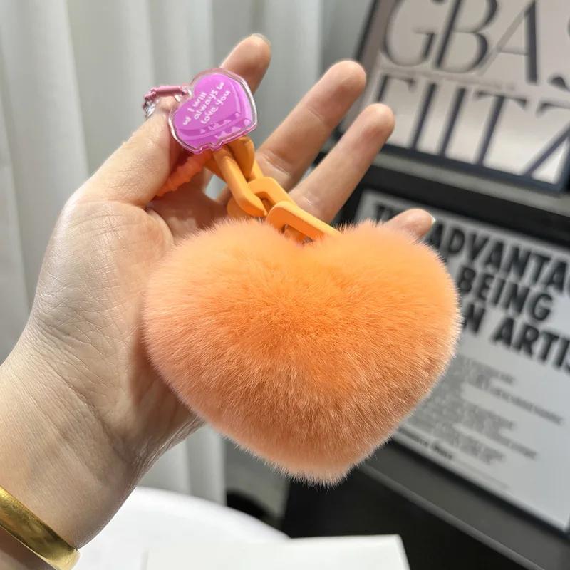 Neue Kreative Echte Pelz Rex Kaninchenhaar Rosa Liebeskette Auto Schlüsselanhänger Exquisites Schultaschen Anhänger Paar Anhänger Niedlicher Schlüsselanhänger orange