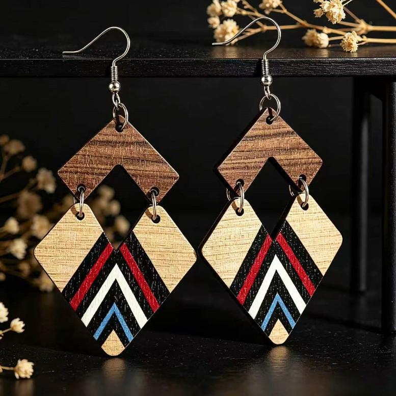 European Retro Diamond Patchwork Two-Tone Wooden Ethnic Earrings