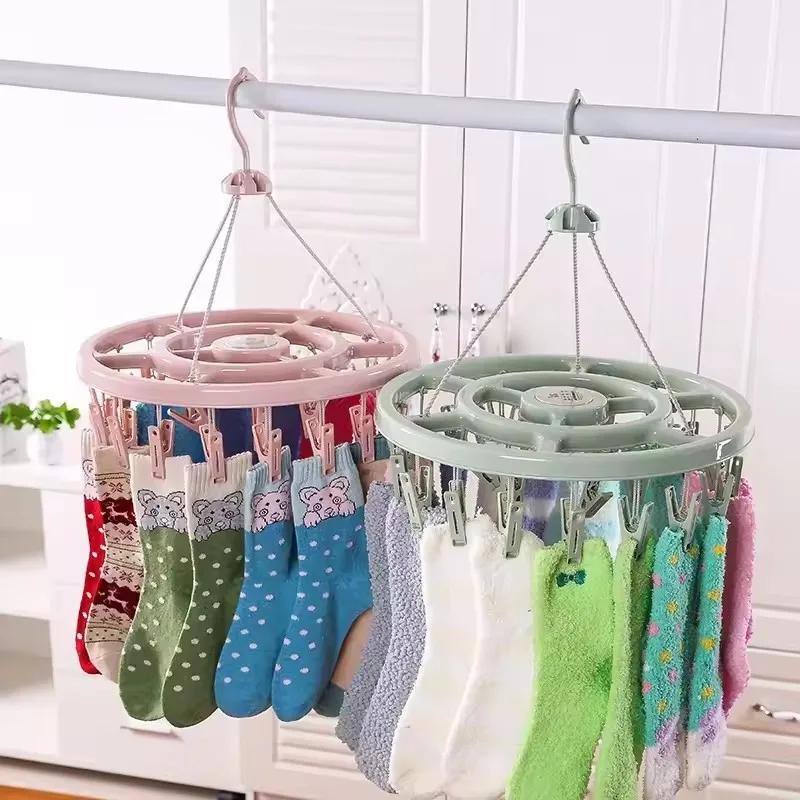 Clothes Drying Hanger 32 Clips Underwear Laundry Rack Foldable Socks Bracket Storage Organizers Windproof Clothes Horse Supplies