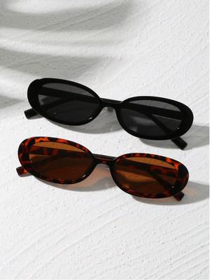 2pcs Vintage Small Frame Oval Shaped Plastic Sunglasses Outdoor Travel Beach Holiday UV Protection Fashionable Shade Travel