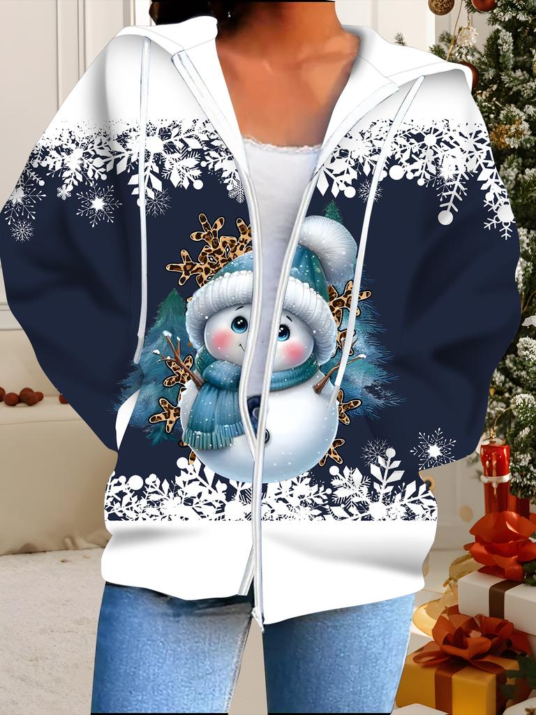 Christmas 3D Printed Hooded Cardigan Plus Size Autumn Winter Retro