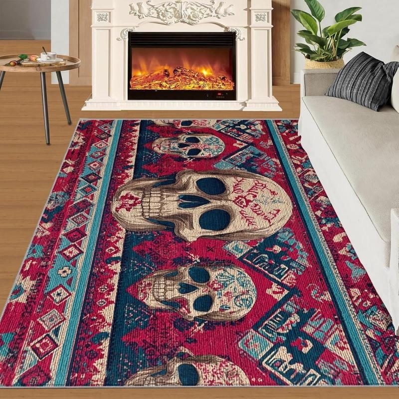 Bohemian Sugar Skull Area Rug Vintage Gothic Home Decor Carpet Non-Slip Indoor Floor Mat for Living Room Bedroom