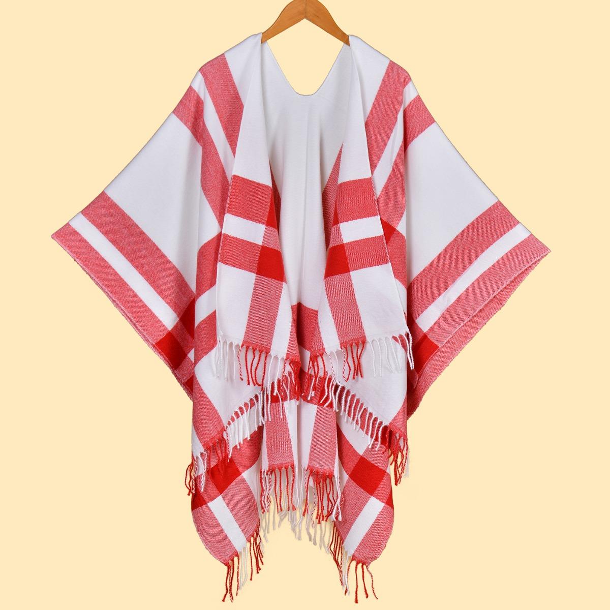 

Шаль с кисточками и разрезом, Женский простой клетчатый жаккардовый шарф-накидка на осень и зиму 130x150cm