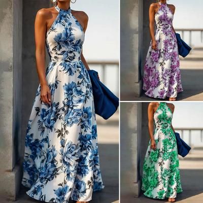 Holiday Style Neck Dress Women's Summer Print High Waist Thin Sleeveless Beach Dress