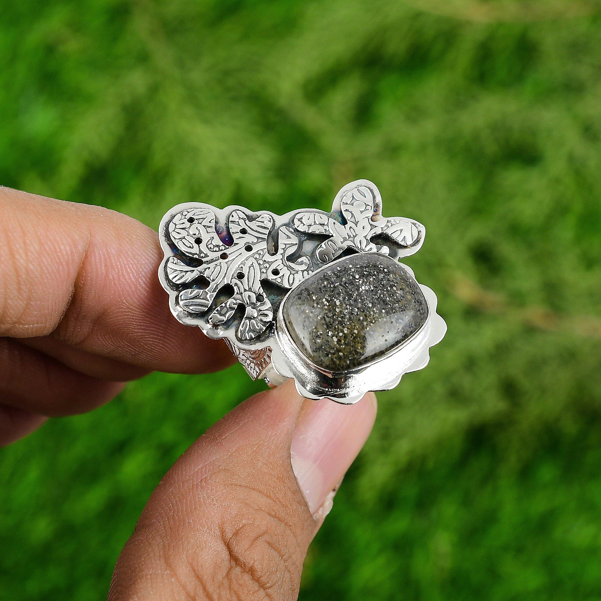 

Womens day Deal Natural Black Sunstone Statement Ring Jewelry Sterling Silver Adjustable