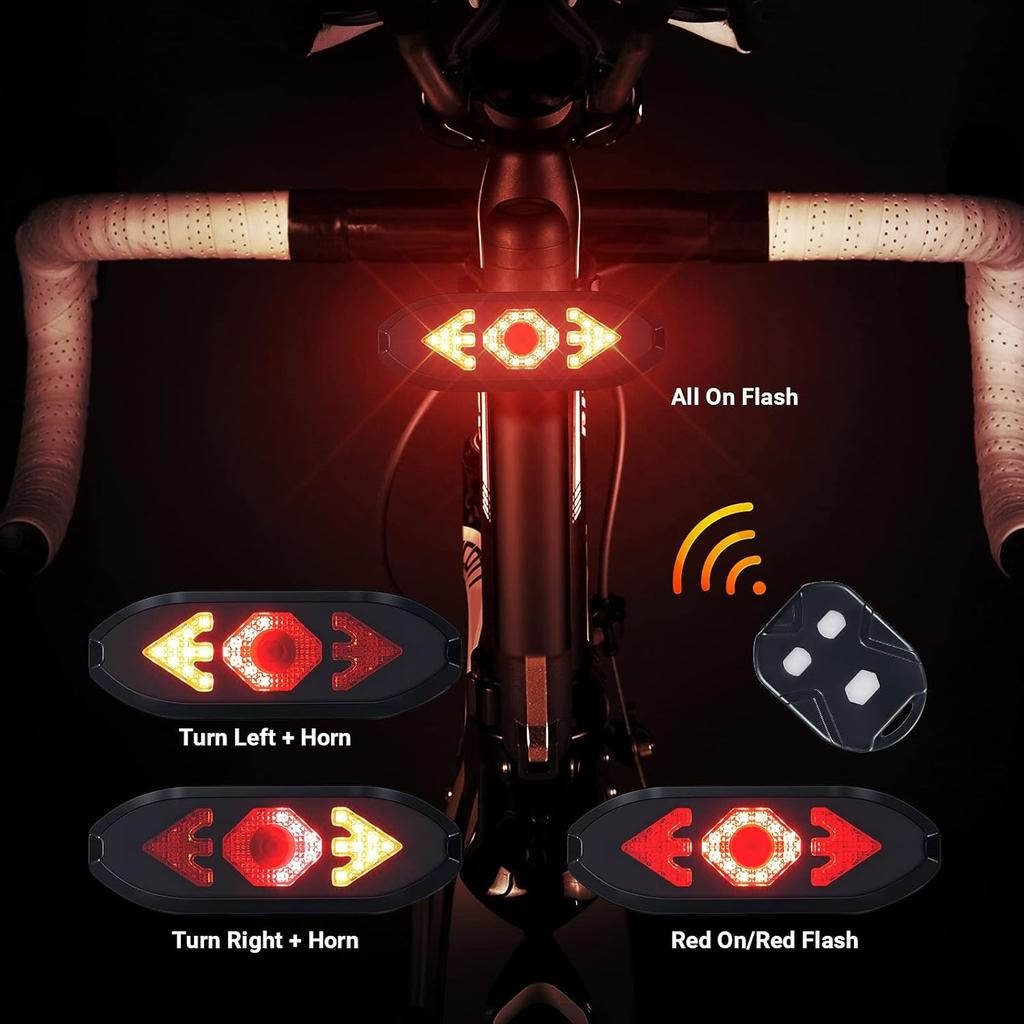 Bike Tail Light with Turn Signals Wireless Remote Control Waterproof Bicycle Rear Light Back USB Rechargeable Ultra Bright Safety Warning Cycling
