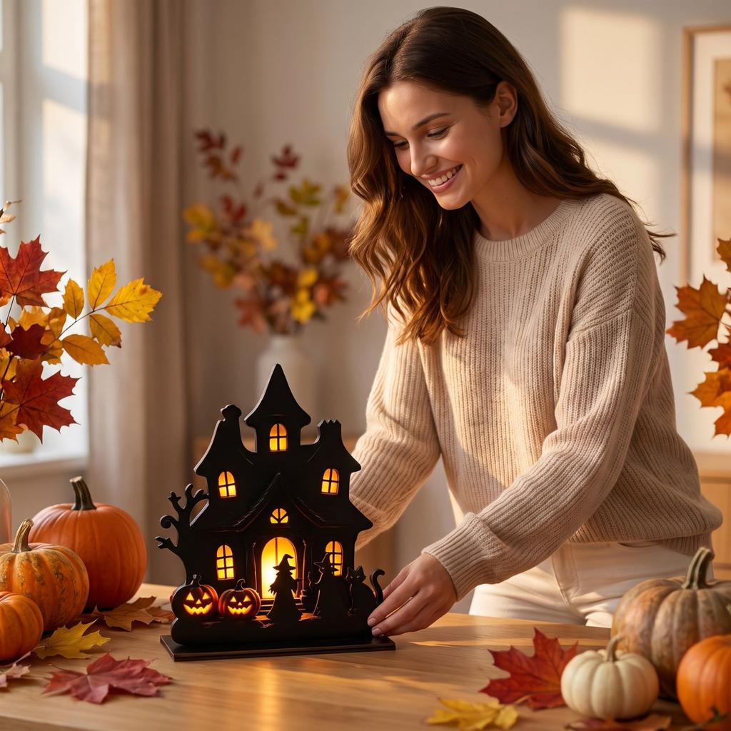 Halloween Wooden Decoration Pumpkin House Tabletop Ornament for Party Decor