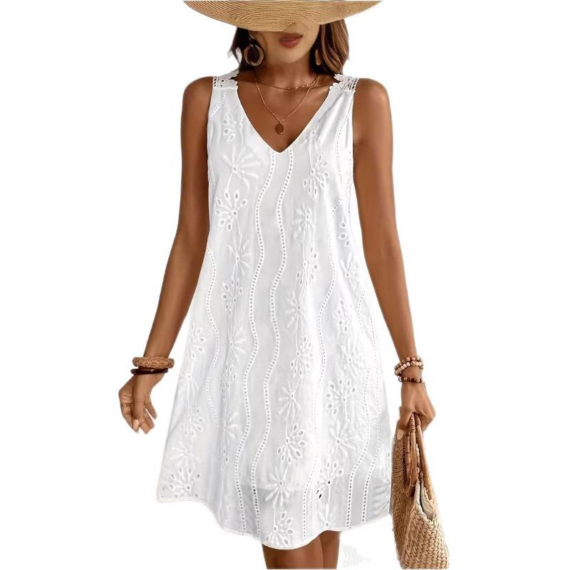 Moda Estiva Abito in Pizzo Scollo a V Vacanza Elegante Festa Corto Traforato Senza Maniche Monocolore Linea ad A Dolce Ampio Sexy Senza Maniche Abbigliamento
