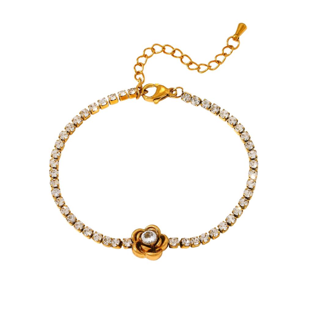 High-End Rhinestone-Inlaid Geometric Flower Bracelet: Japanese & Korean Inspired Stainless Steel Jewelry