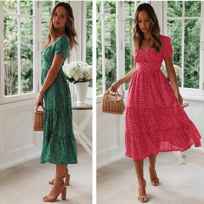 Abiti casual a vita alta con colletto quadrato a maniche corte con stampa floreale primavera estate moda donna