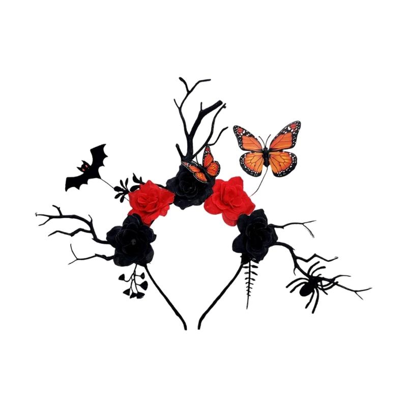 

Bat Butterfly Deer Antler Headpiece For Halloween Costume Accessories With Simulated Flower Decoration for Women Girls чёрный/красный