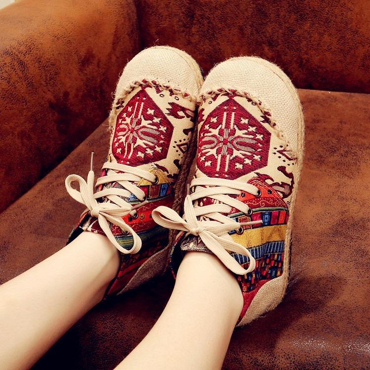 

New girls embroidered cloth shoes flat-soled high-top cotton shoes boots ethnic style linen student cloth shoes 40 [see product details for size selection] червоний