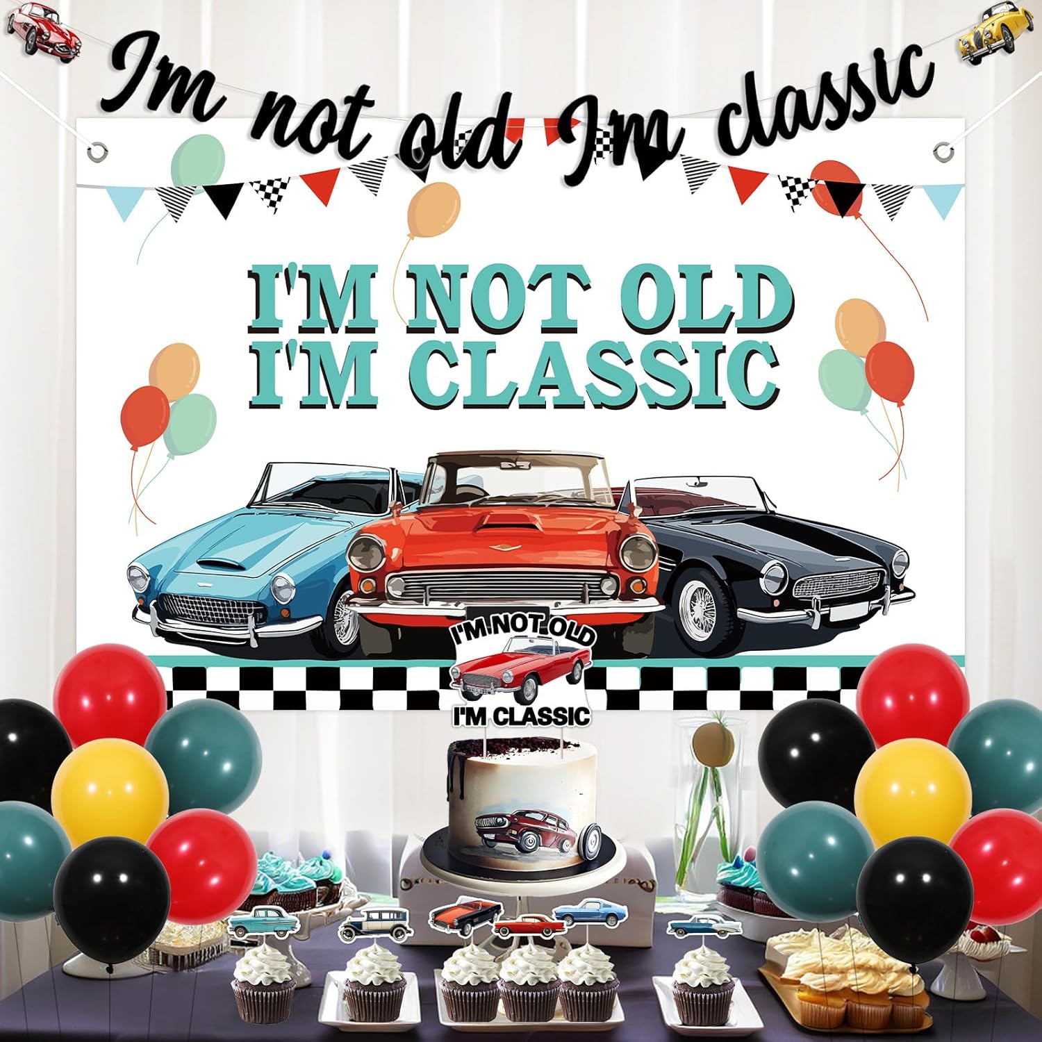 Classic Car Themed Birthday Party Decorations, I am Not Old I am Classic Birthday Backdrop Banner Cake Cupcake Topper Balloons for Adult Men Vintage