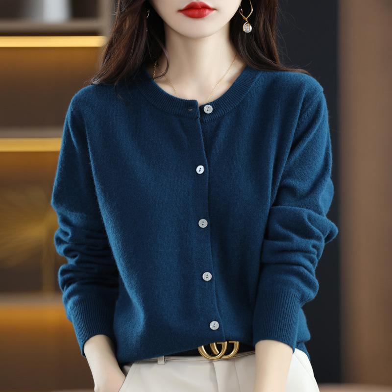 2024 Women's Solid Color Round Neck Knitted Cardigan - Long Sleeve Early Spring Sweater