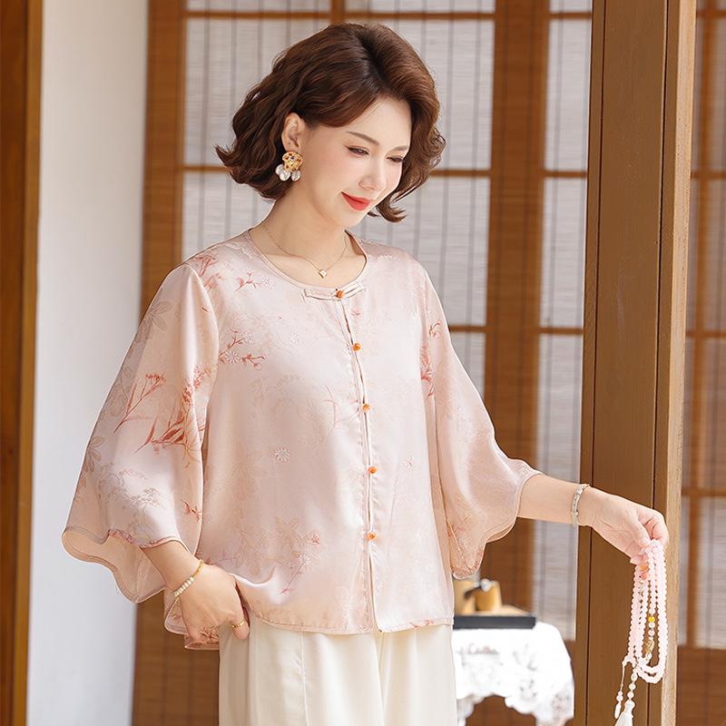 Summer 2026 Imitation Silk Short-Sleeve Blouse - Fashionable Plus Size for Middle-Aged & Elderly Moms