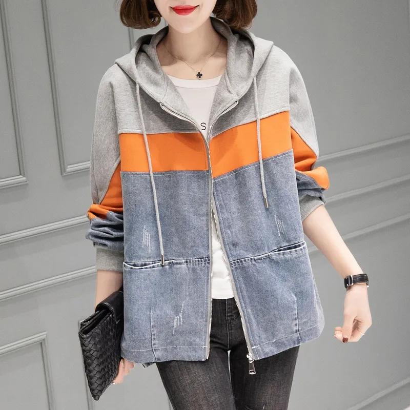 Dámská džínová bunda s kapucí, jarní volná bunda velké velikosti, podzimní ležérní barevně sladěný džínový kabát