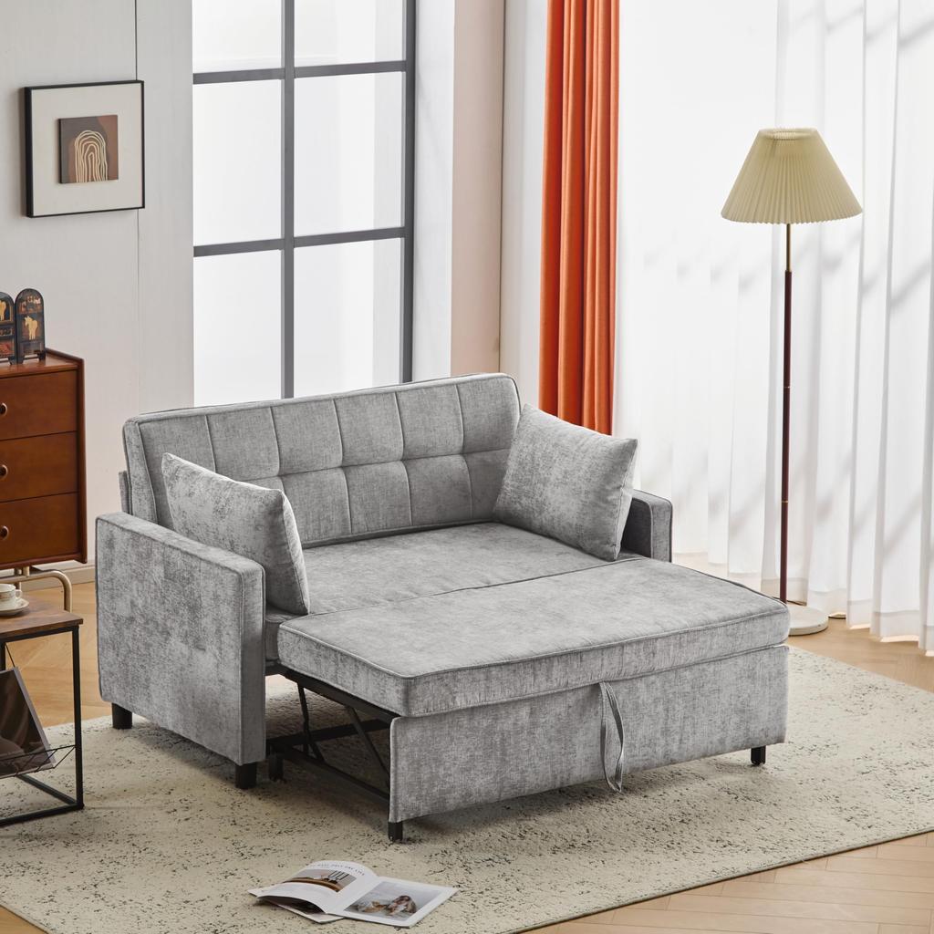Sofabett mit Schlaffunktion, ausziehbar Schlafsofa Zweisitzer mit verstellbare Rückenlehne, Chenille-Stoff, mit komfortable Kissen, Beige