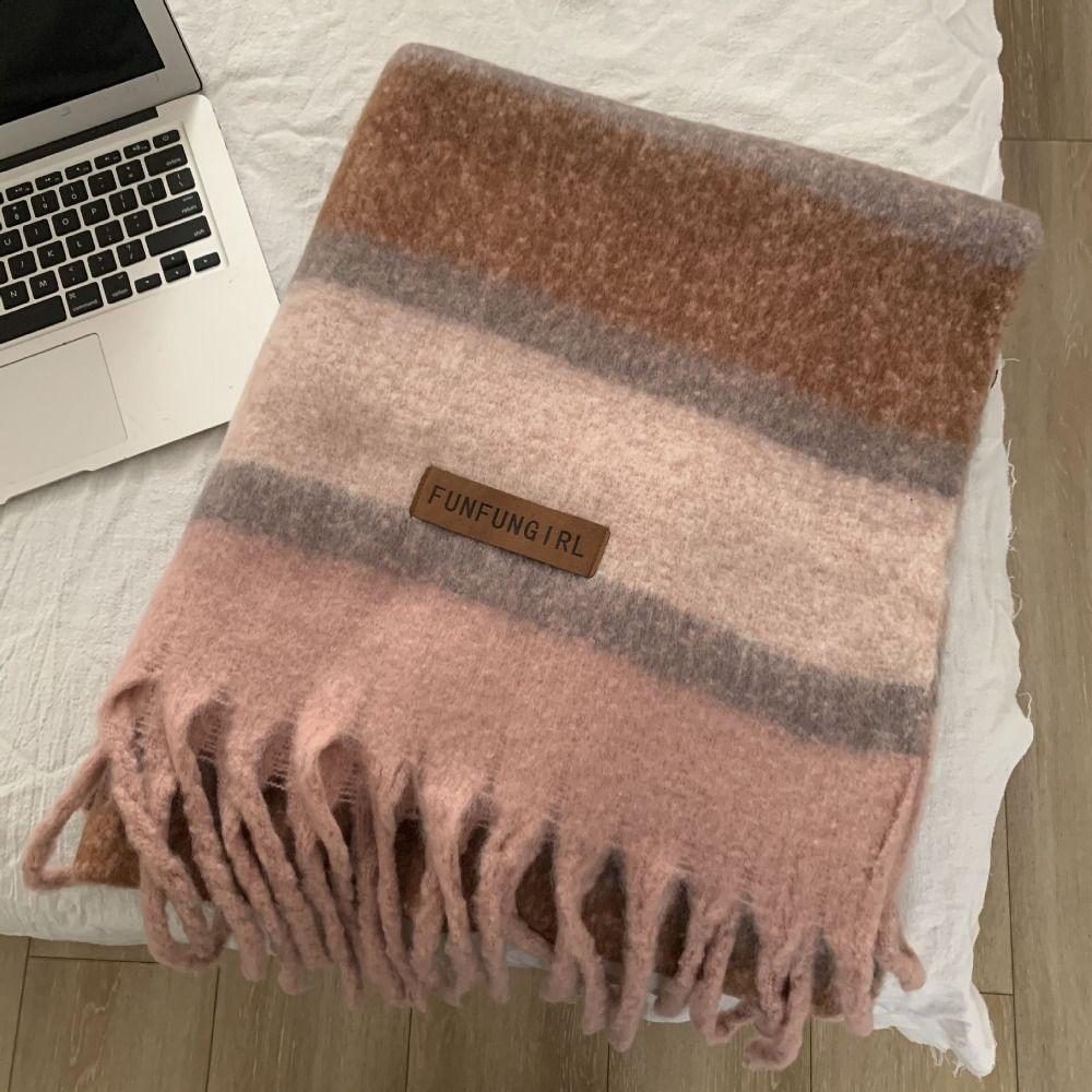 Korean Style Women's Cashmere Shawl Thickened Winter Scarves Fashion Knitted Stripe Scarf  Girls