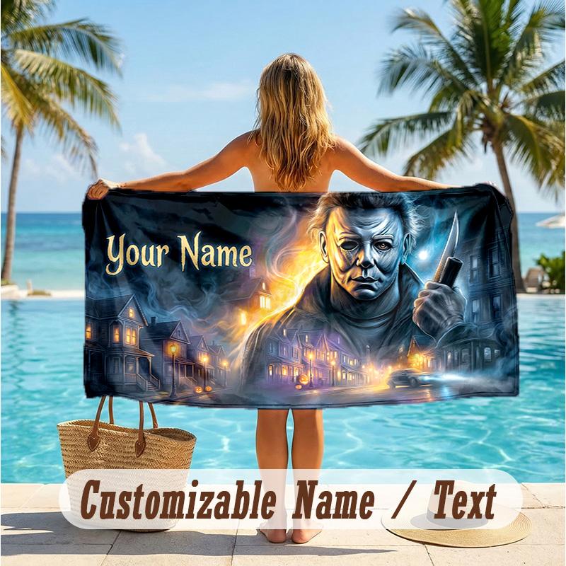 Custom Text Beach Towel, Soft Absorbent Swimming Multi-use TowelHalloween Michael Myers