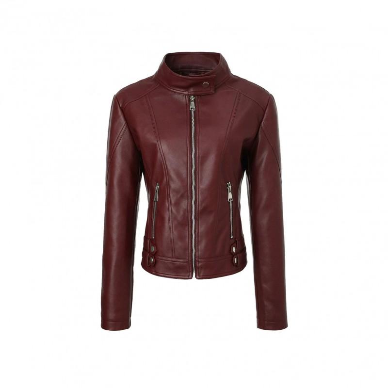 Womens Slim Fit PU Leather Jacket Stand Collar Long Sleeve Casual Streetwear Commute