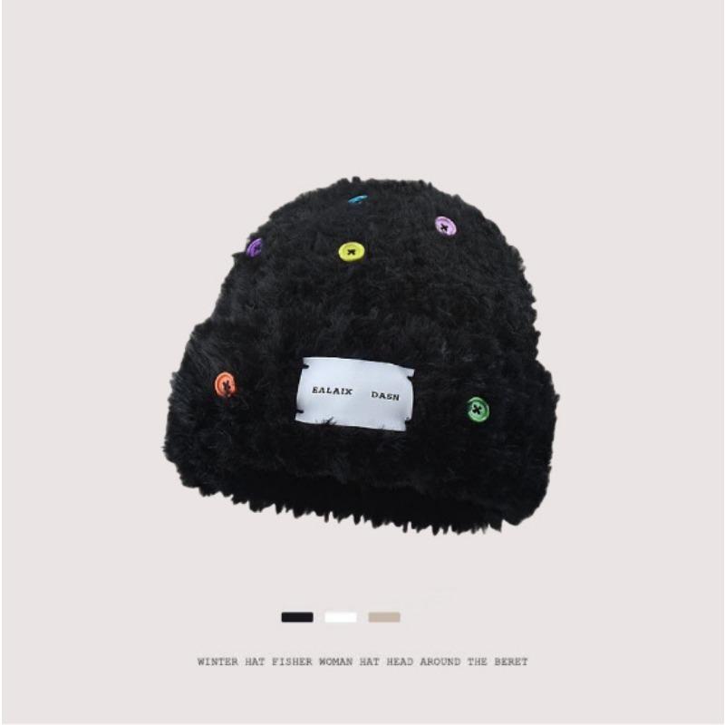 Knitted hat children's winter button wool hat striped small face plush warm thickened large head circumference ear protector winter hat