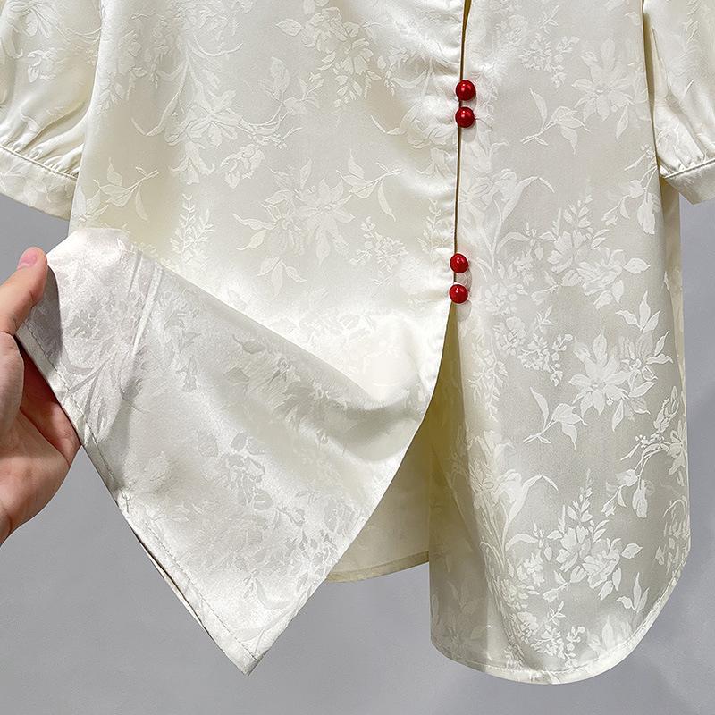 Garden Neck Short-sleeved Chiffon Shirt for Women New Chinese Style Women's New Jacquard Shirt Age-reducing Puff Sleeve Top