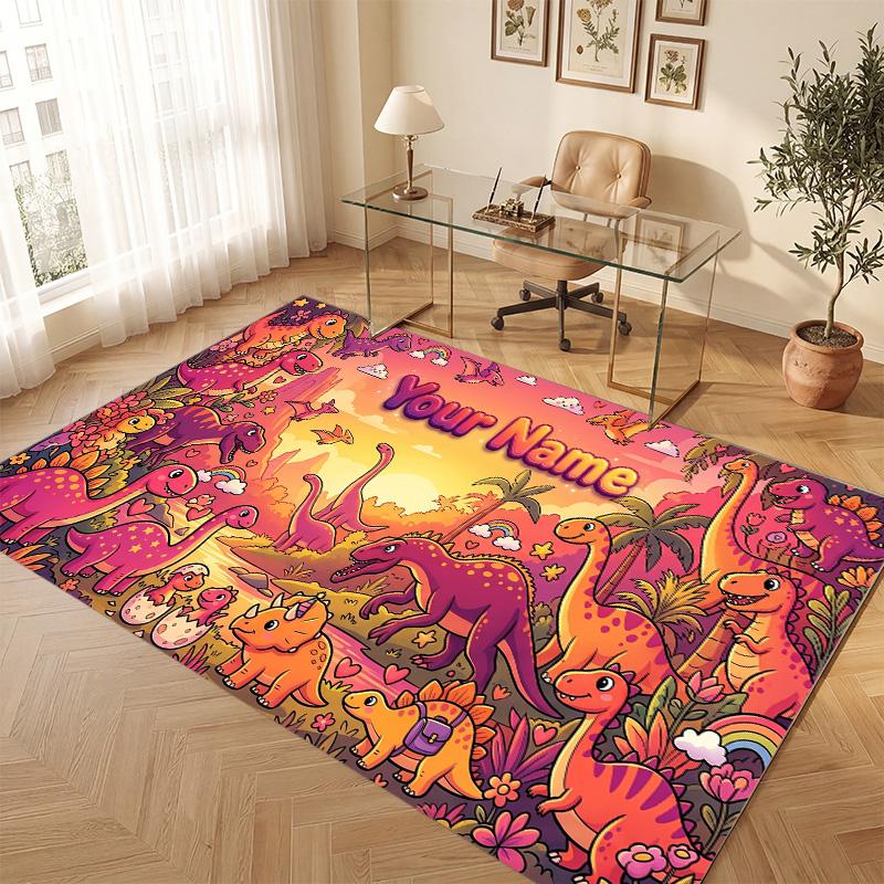 Dinosaur Theme Soft Crystal Velvet Rug Custom Name & Text Print Non Slip Floor Rug for Bedroom Living Room