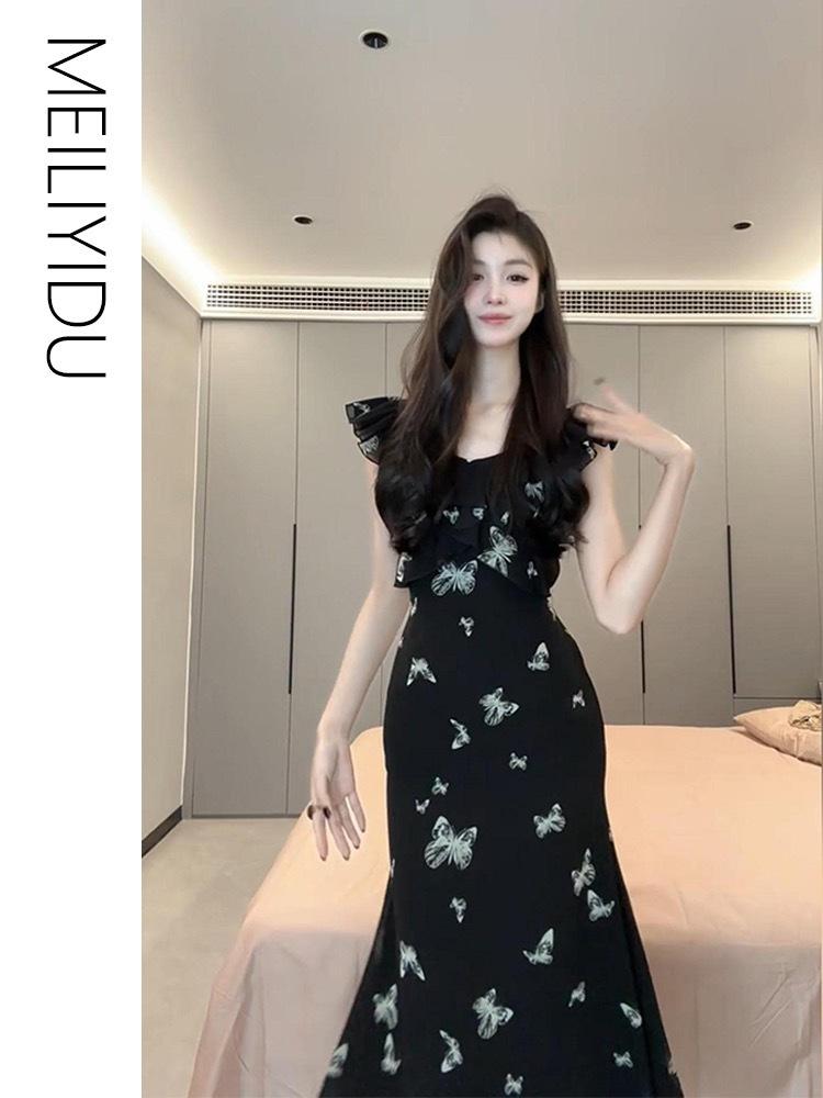 [Double Layer + Inner Lining] Xiaofei Sleeve Butterfly Suspender Dress Children's Summer French Temperament Is Beautiful, Waist Length