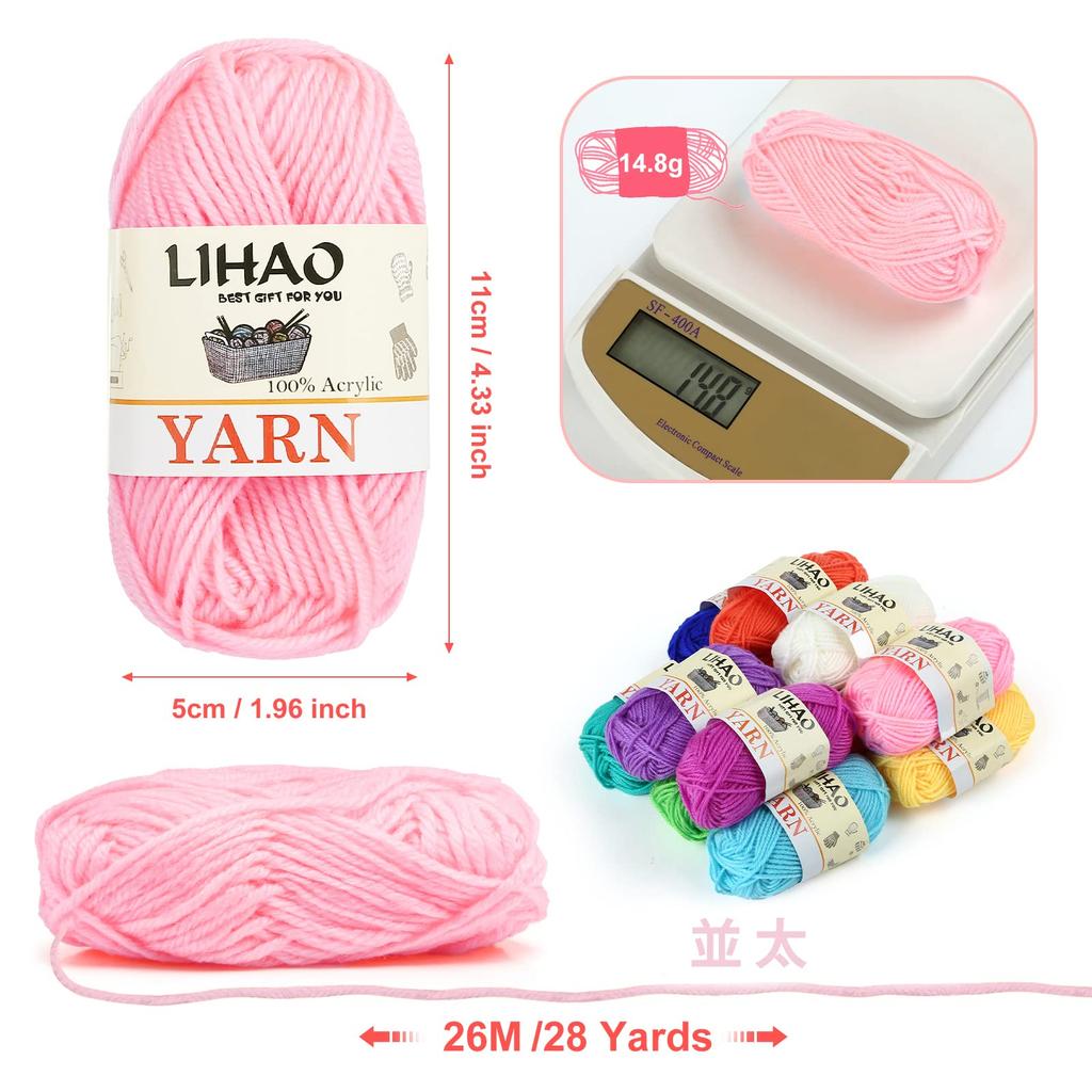 LIHAO Acrylic Yarn Medium 15g per Knitting Weaving Yarn 12-Color Set, Weight, Ball, Approx. 26m, Yarn,