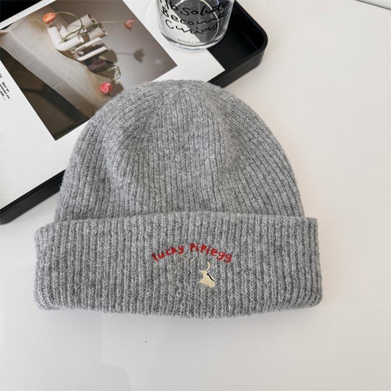 Knitted hat women's ins tide with letters small leather label warm pullover hat autumn and winter thin street ear protection cold hat