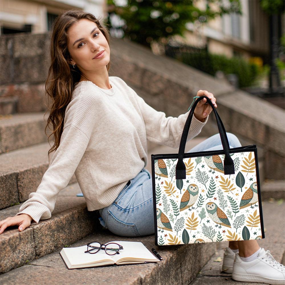 Cute Owl Pattern Canvas Tote Bag for Daily Shopping Casual Portable Reusable Handbag