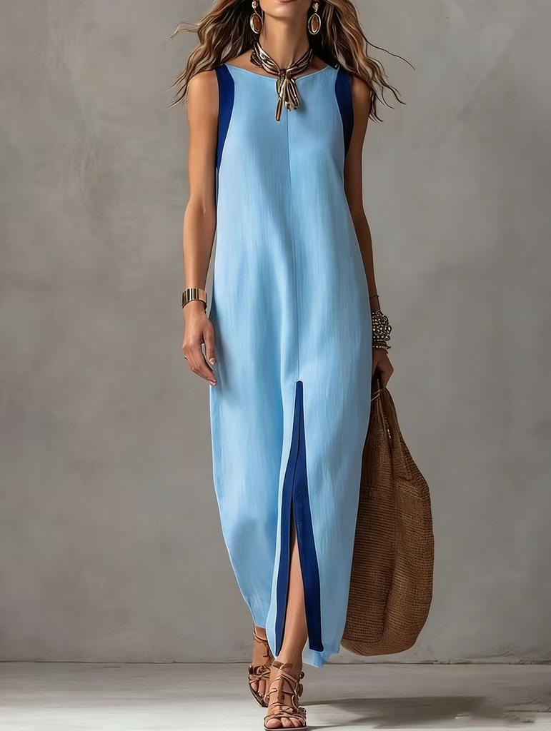 Amazon 2026 cross-border European and American summer new women's casual temperament sleeveless contrasting color split linen dress