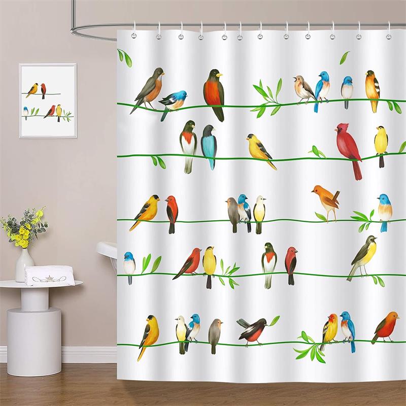 Monika Chen Green Colorful Bird Shower Curtain Leaves Birds On Tree Branch Bathroom Decorative Polyester Fabric Bath Curtains Set With Hooks