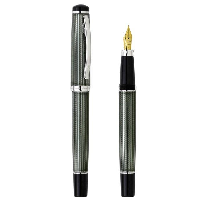 Xezo Incognito Diamond Cut Serial Medium Fountain Pen, Zinc Slate Lacquer. Platinum Plated. Zinc Green.