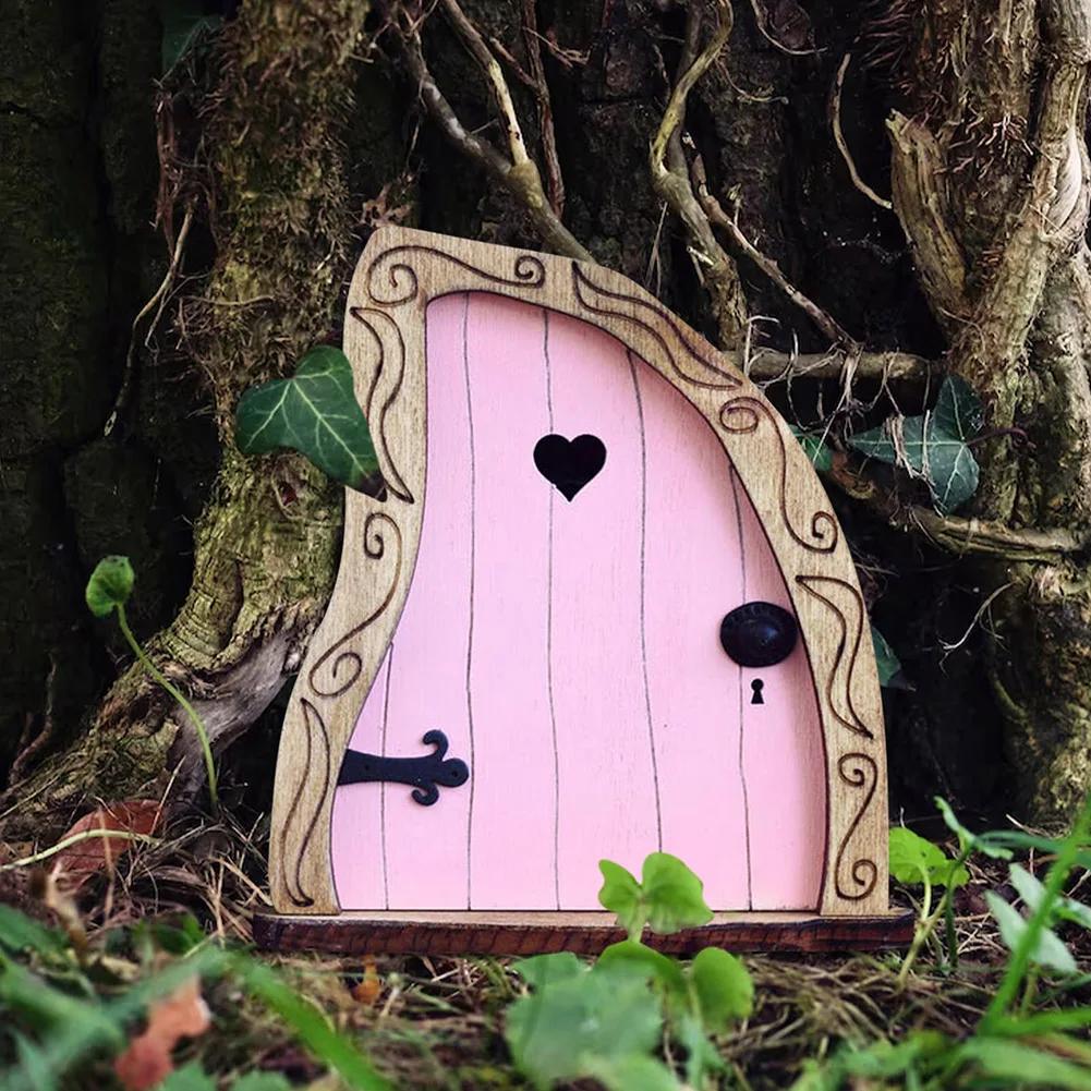 Miniature Wooden Fairy Door Sculpture for Outdoor Yard Art Garden Tree Decor Creative Elf Door Figurines With Engraved Design