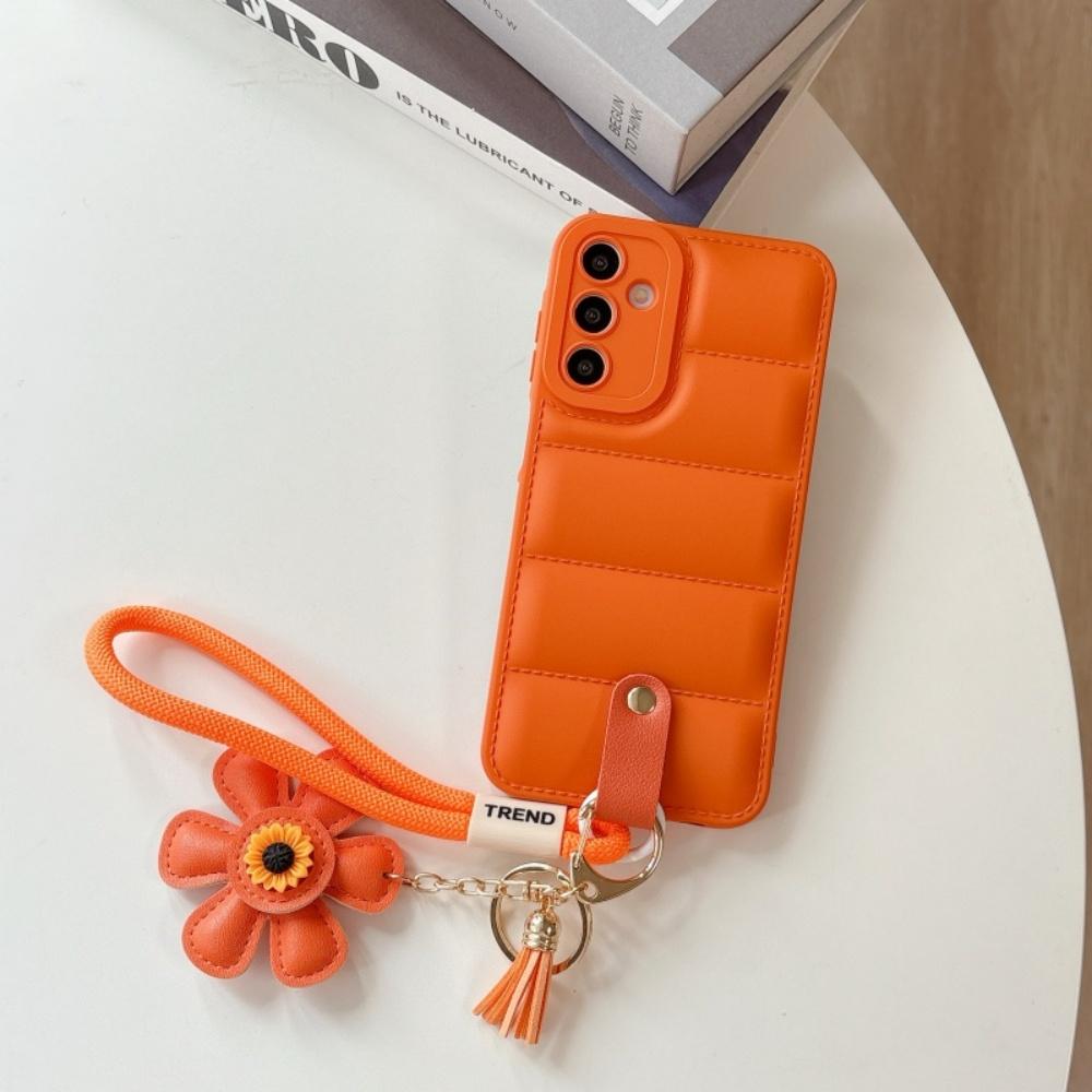 Ins Sunflower Down Jacket Lanyard Case for Samsung Galaxy S25 S24 Ultra S23 S22 Plus A55 A56 A16 A54 A35 A15 Wrist Strap Cover