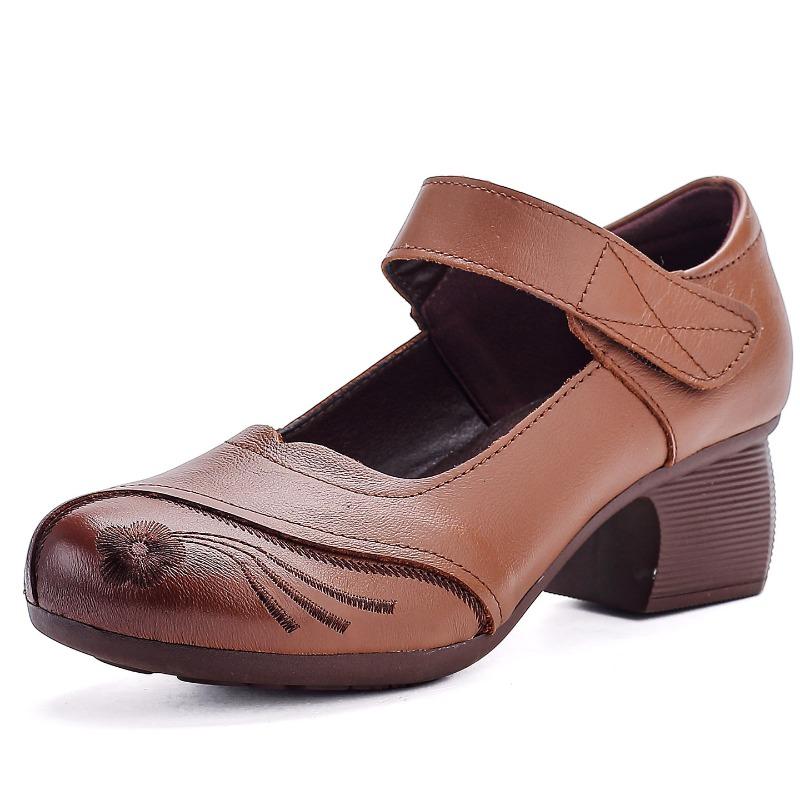 First layer cowhide spring new retro shoes children Mary Jane genuine leather single shoes thick heel mother shoes