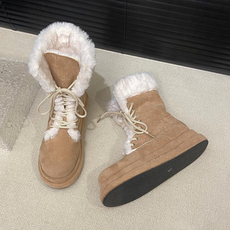 Women Fur Snow Boots Flats Platform Warm Cottom Shoes Winter Trend Sneaker Casual Running Shoes Lace Up Chelsea Boots Mujer
