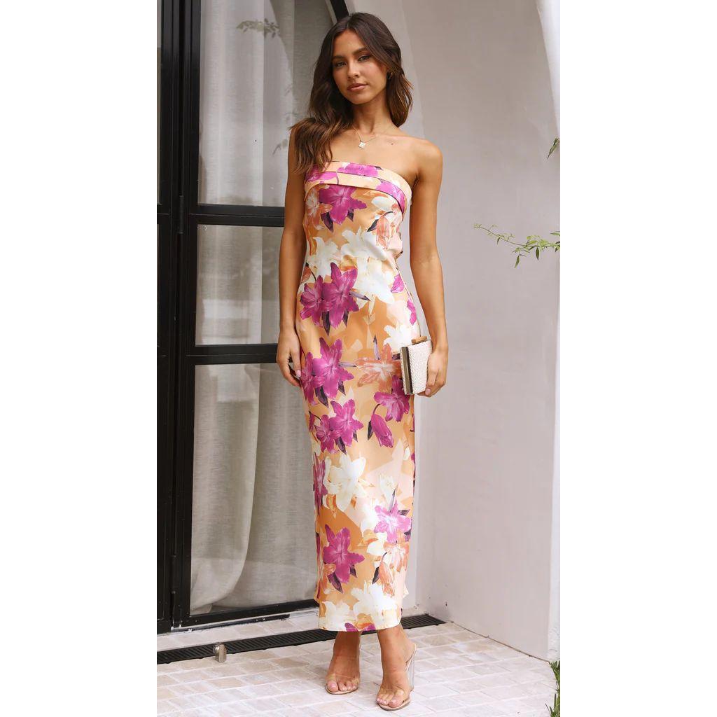 

Satin Backless Bustier Dress Floral Print Strapless Evening Gown, Luxury High Slit Mermaid Dress for Red Carpet & Galas, Celebrity Inspired Couture XL