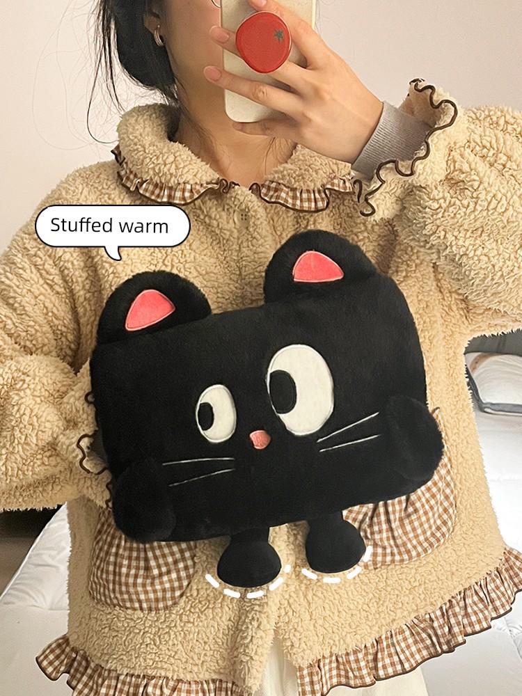 Cute Plush Rechargeable Hot Water Bottle Explosion-Proof Warm Water Bag 2025 New Model Black Warm Baby Girl Hand Warmer