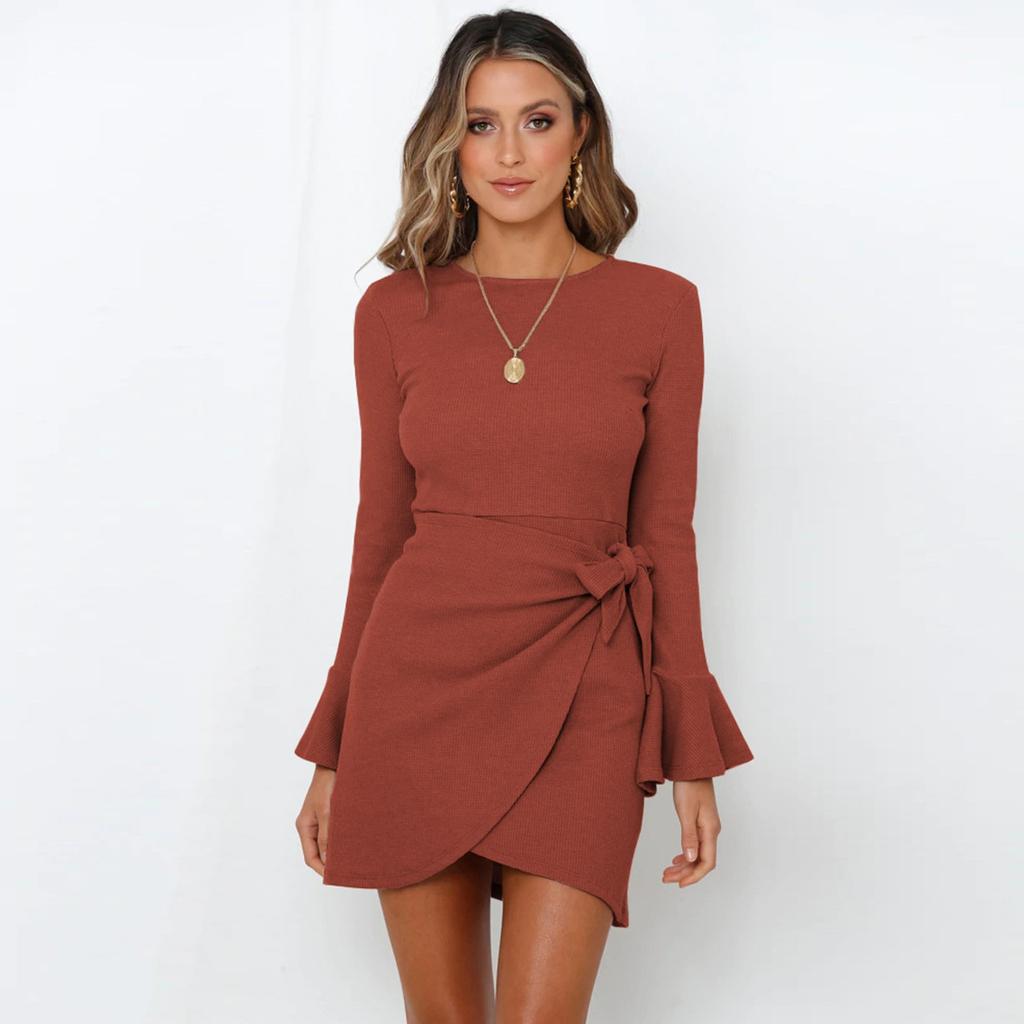 Fashion Women's Casual  Ruffled Long Sleeve Slim Bow Elegant Check Dress
