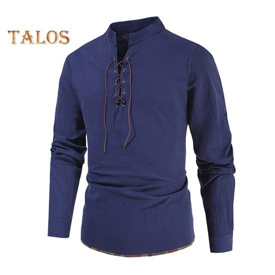 Spring Autumn Men Shirt Lace-up Stand Collar Long Sleeves Solid Color Loose Retro Medieval Mid Length Casual Commuting Office Top