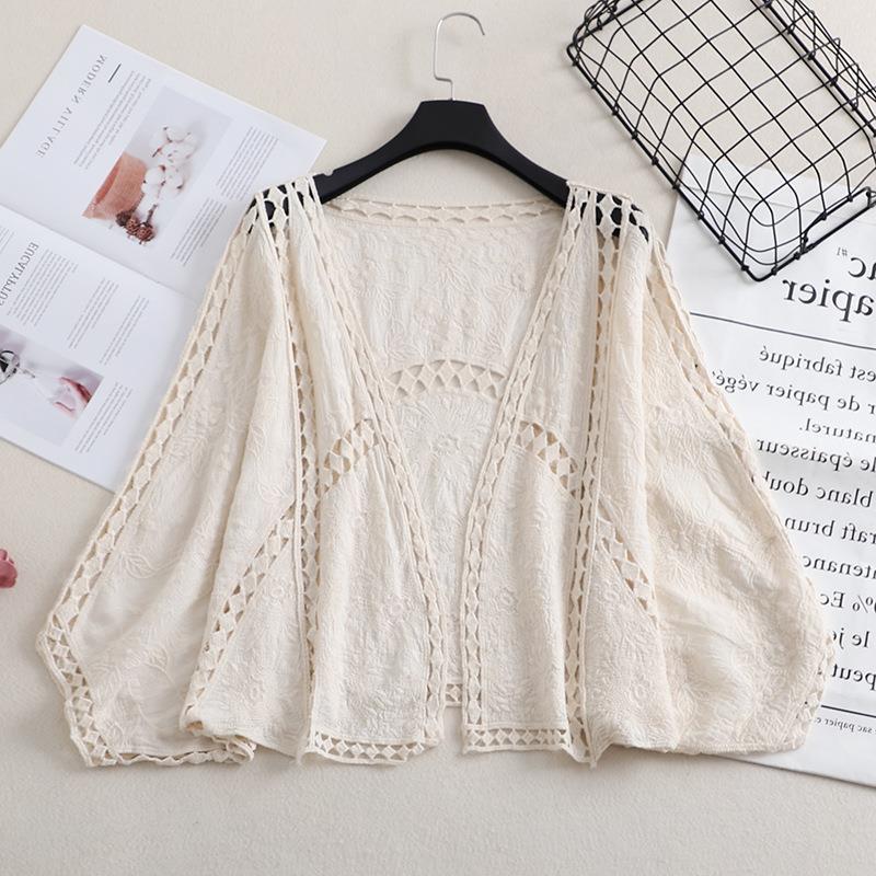 

Женский летний кардиган крючком размера плюс с V-образным вырезом: Свободная, Ретро рукав «летучая мышь», Ажурная куртка от солнца. One Size