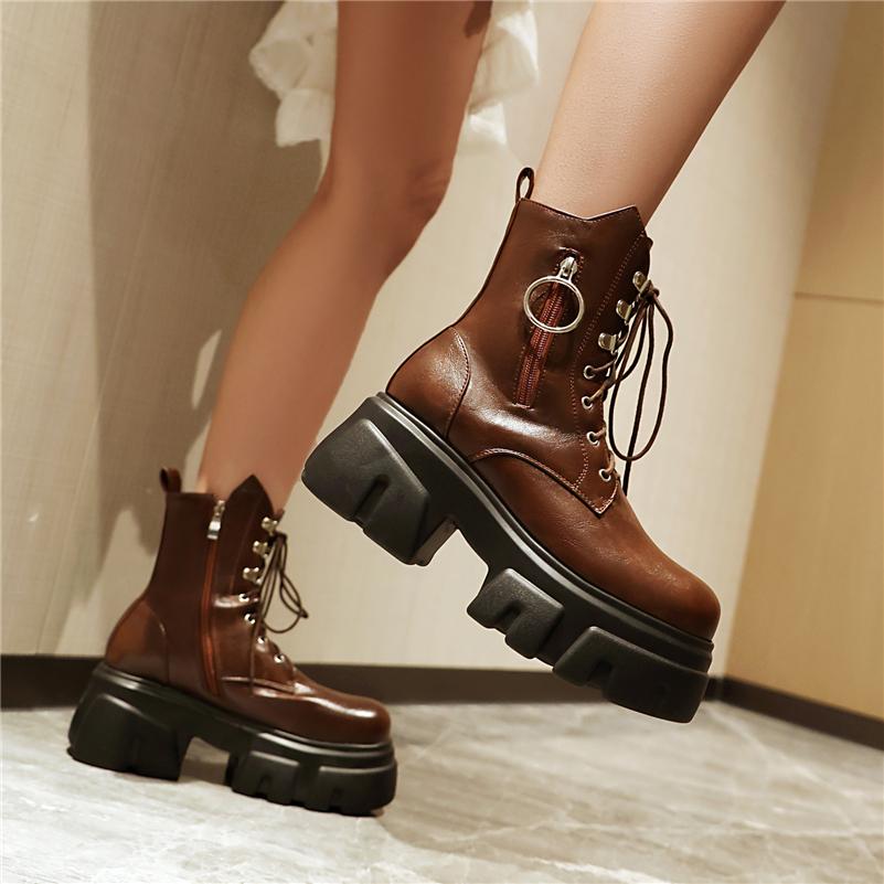 FOREADA Women Ankle Boots Round Toe Thick High Heels Platform Zipper Lace-up Short Boots Ladies Fashion Shoes Autumn Winter 44